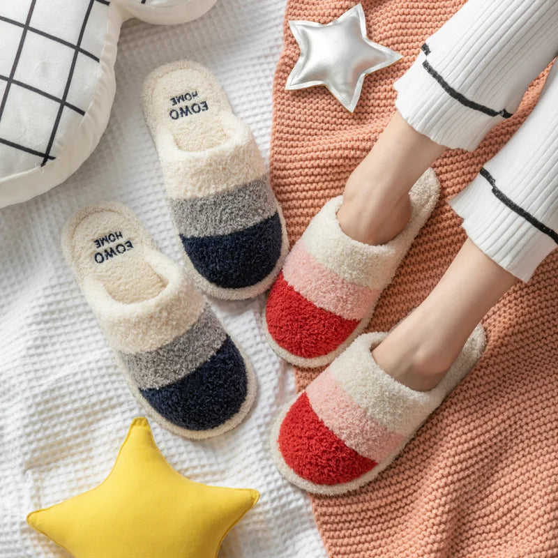 Non-Slip Plush House Slippers USA Women & Men Winter Couple Fuzzy Slippers, Thick-Sole Fleece-Lined Warm Indoor Booties