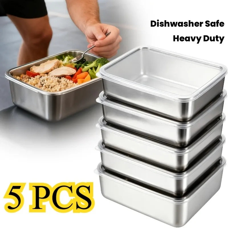 5PCS Stainless Steel Food Containers Set USA Leakproof Stackable Reusable Lunch Bento Boxes for Camping, Picnics, School & Kitchen Storage
