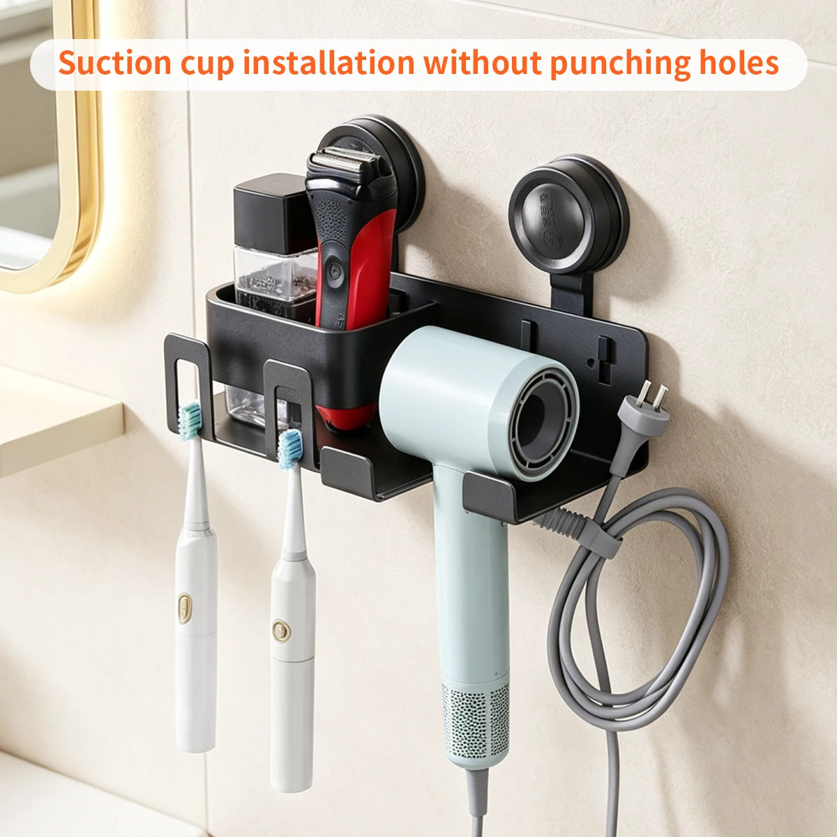Wall-Mounted Suction Cup Hair Dryer Stand USA with Toothbrush Holder, No-Drill Bathroom Storage Rack & Organizer
