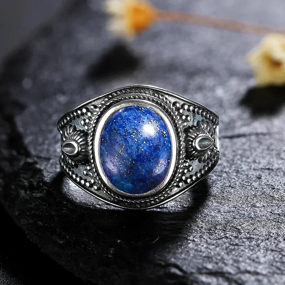 USA Sterling Silver 925 Vintage Rings Oval 8X10mm Rings Black Onyx Natural Fine Jewelry For Men Women Rhodochrosite Rings