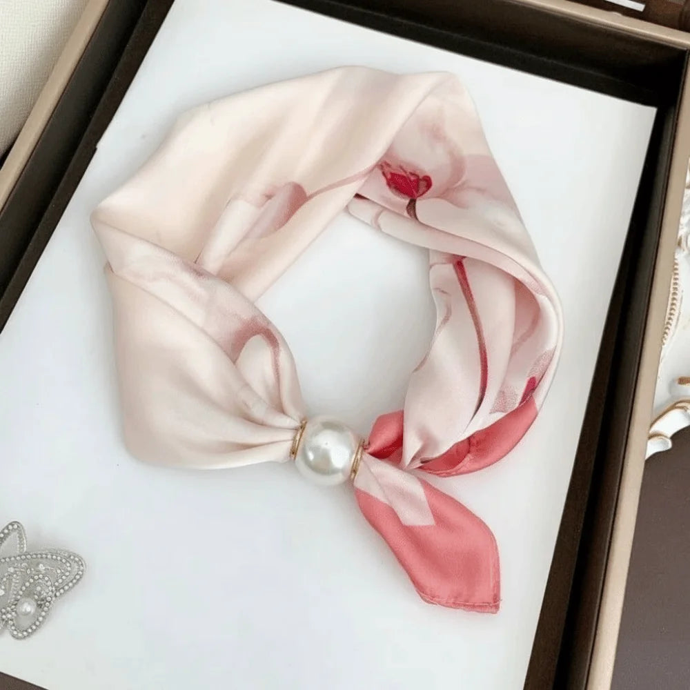 New Pearl Buckle Silk Scarf Canada Printed Thin Neck Scarf Lightweight Soft Neckerchief for Women