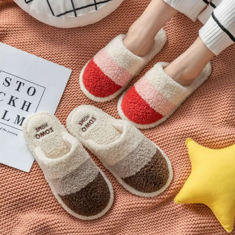 Non-Slip Plush House Slippers USA Women & Men Winter Couple Fuzzy Slippers, Thick-Sole Fleece-Lined Warm Indoor Booties