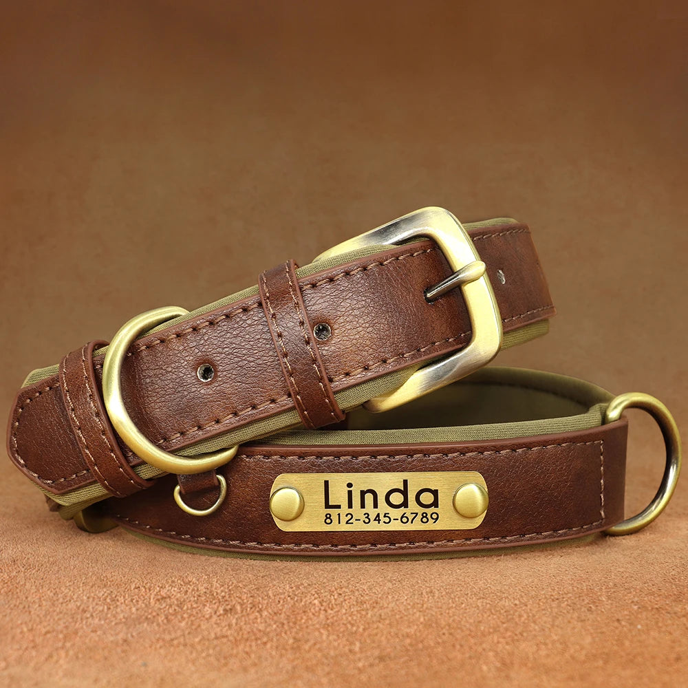 Customized PU Leather Nameplate Dog Collar Soft Padded Dogs Collars Free Engraving Name for Small Medium Large Dogs Adjustable