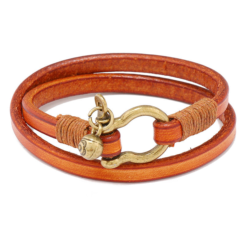 New Arrivals Retro Two-Loop Leather Bracelet USA Men Punk Horseshoe Buckle Wrap Bracelet Creative Jewelry Gift