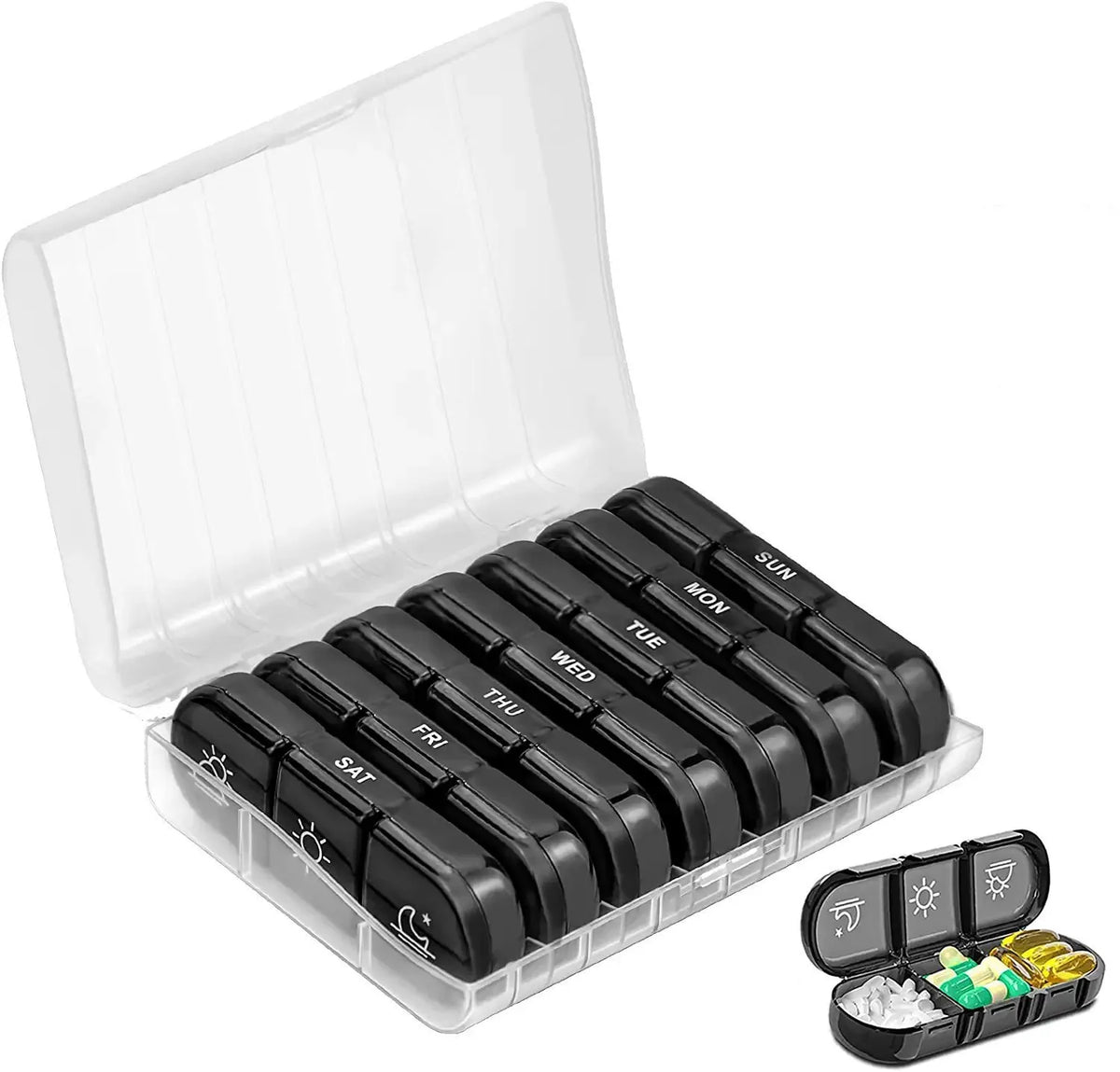 Weekly Pill Organizer USA Portable Travel Medicine Box, 21-Compartment 3-Times-a-Day Case for Vitamins, Supplements & Fish Oil