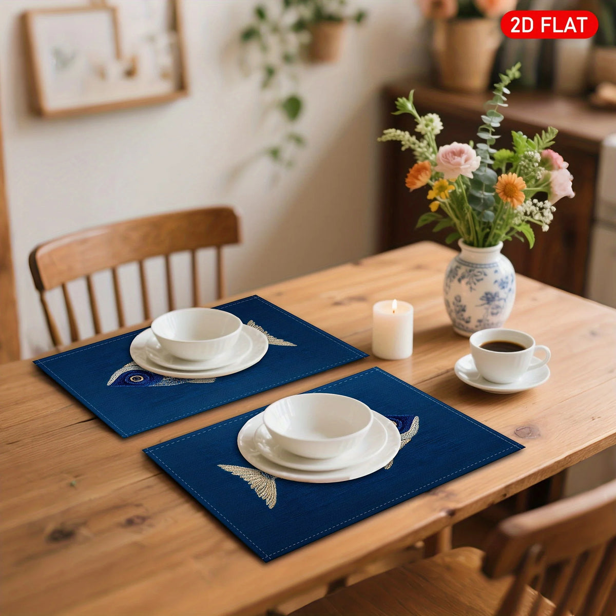 Modern Art Placemats USA 2D Flat Fish Pattern Embroidery-Style Blue Linen Table Mats for Kitchen Table Decor