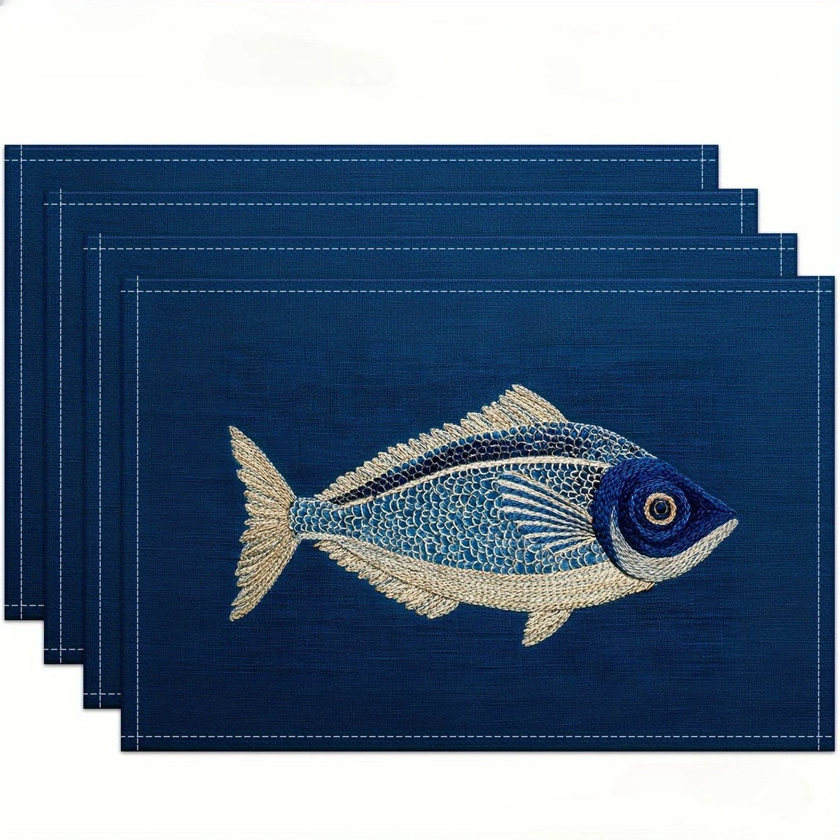 Modern Art Placemats USA 2D Flat Fish Pattern Embroidery-Style Blue Linen Table Mats for Kitchen Table Decor