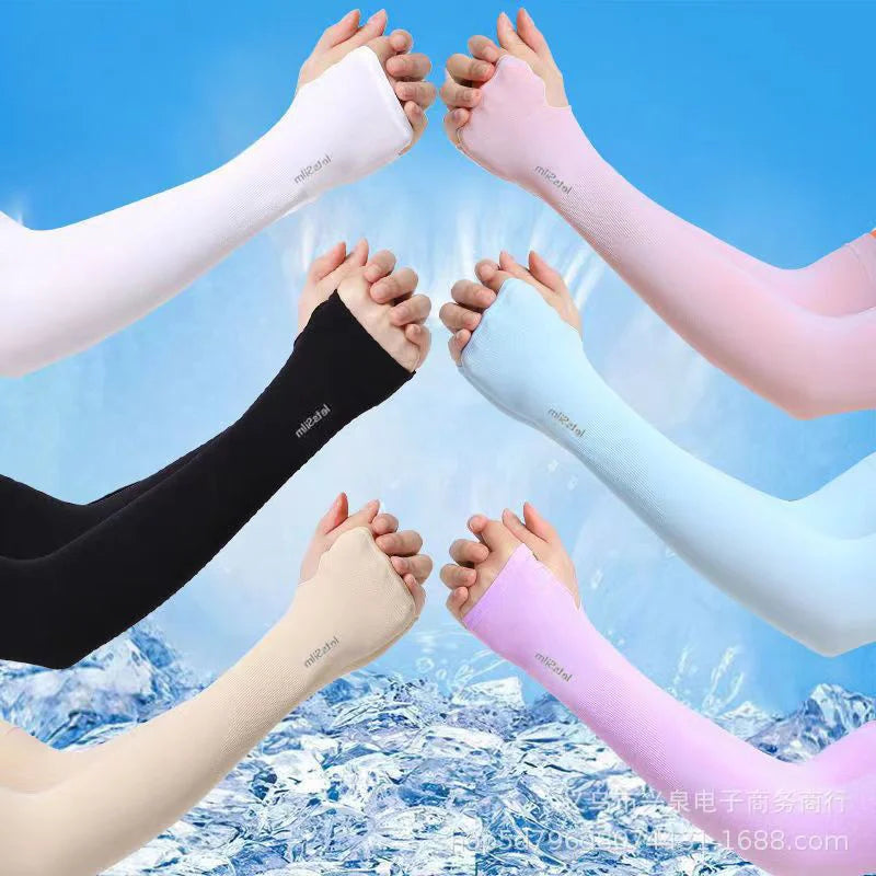 1 Pair Summer Ice Silk Arm Sleeves Canada Sun UV Protection Hand Cover Outdoor Elastic Half-Finger Gloves