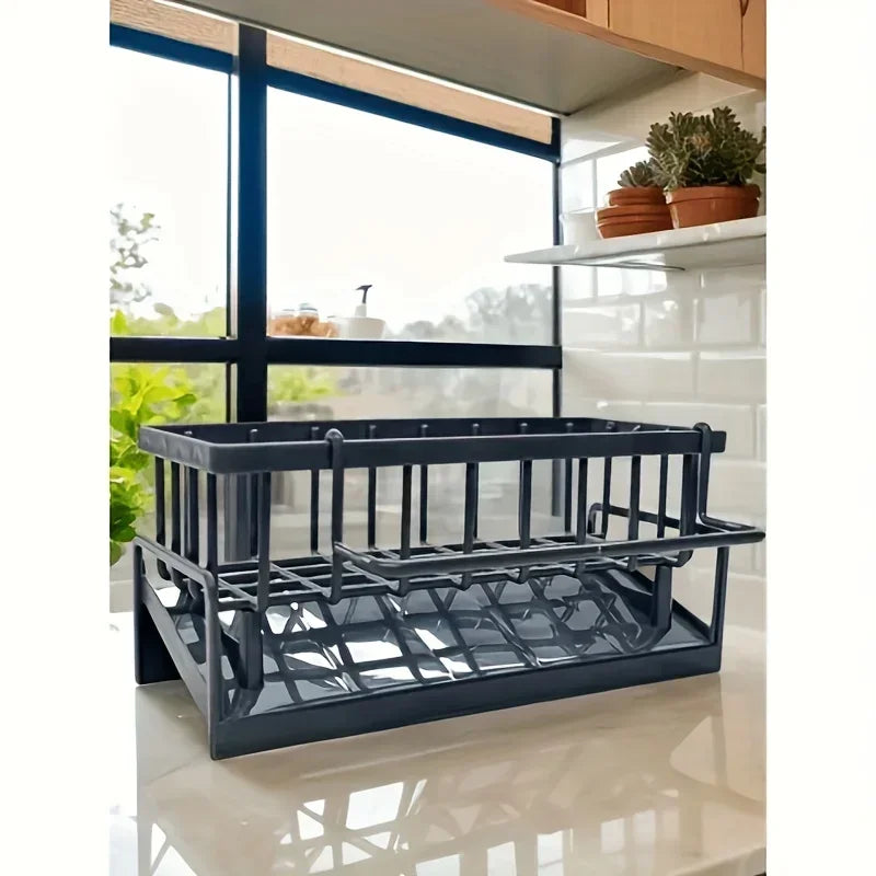 Drill-Free USA Sink Organizer Multi-Use Sponge Soap Holder Draining Rack for Kitchen Countertop Storage Waterproof Shelf 1PC