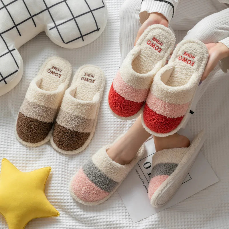 Non-Slip Plush House Slippers USA Women & Men Winter Couple Fuzzy Slippers, Thick-Sole Fleece-Lined Warm Indoor Booties