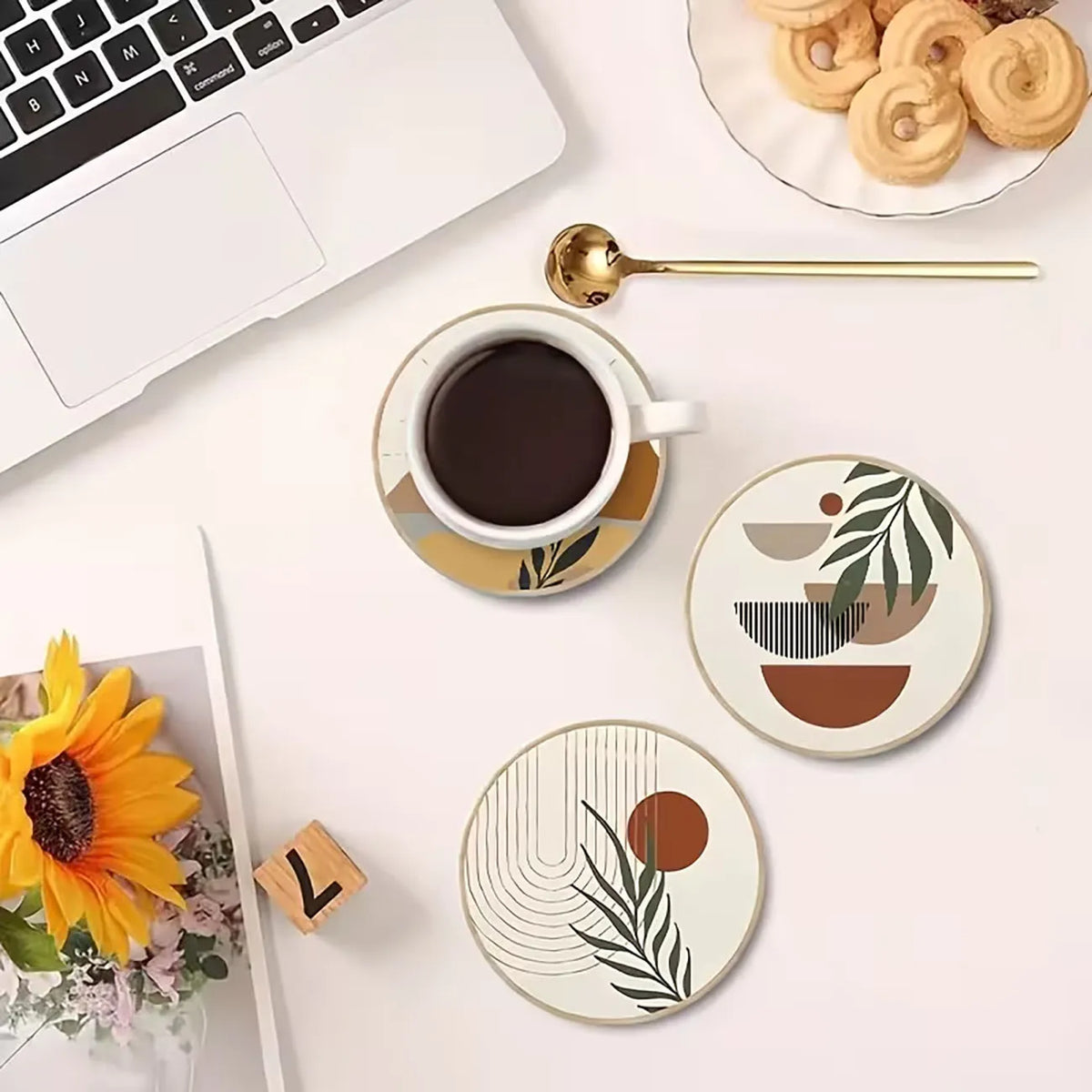 6PCS Neutral Tone Boho Wood Coasters USA Heat-Resistant Non-Slip Drink Mats for Table & Home Decor