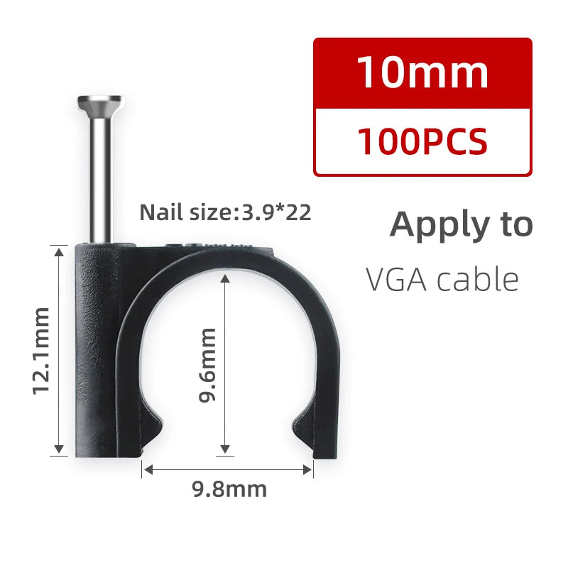 100PCS Round Cable Wire Clips Canada 4mm 6mm 8mm 10mm Cable Management Electrical Cord Holders Wall Nail Clips Black