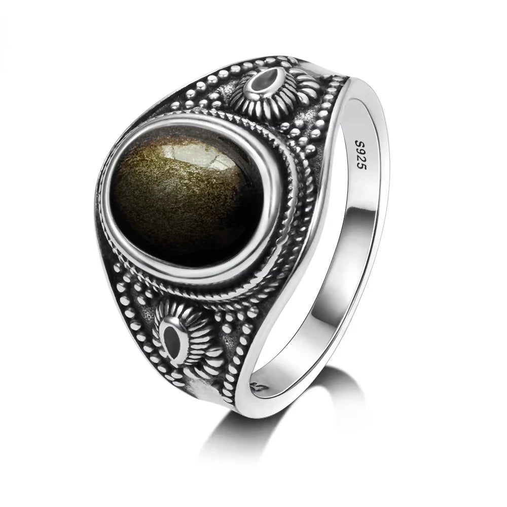 USA Sterling Silver 925 Vintage Rings Oval 8X10mm Rings Black Onyx Natural Fine Jewelry For Men Women Rhodochrosite Rings