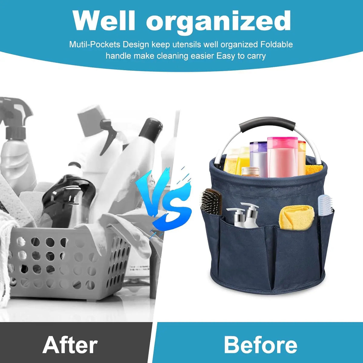 Portable Cleaning Caddy 17L Foldable Cleaning Bucket with Handle Organizer Bag for Towels Cleaning Tools Bathroom Kitchen Home