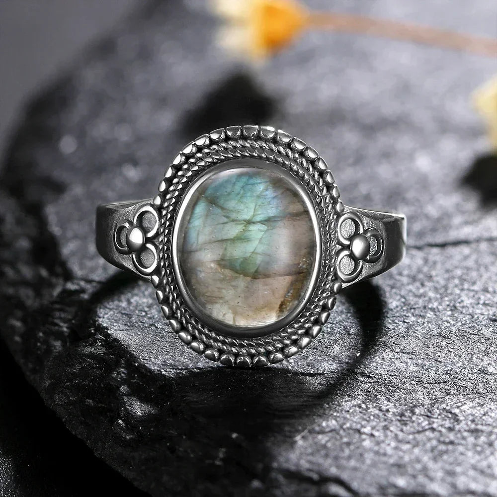 USA Sterling Silver 925 Vintage Rings Oval 8X10mm Rings Black Onyx Natural Fine Jewelry For Men Women Rhodochrosite Rings