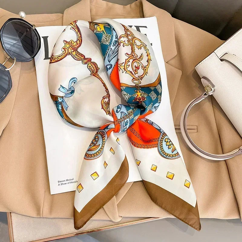Luxury Design Print Silk Square Scarf Canada Women Soft Satin Horse Hairband Neckerchief Office Hijab Headband Foulard Bag Ribbon Gift