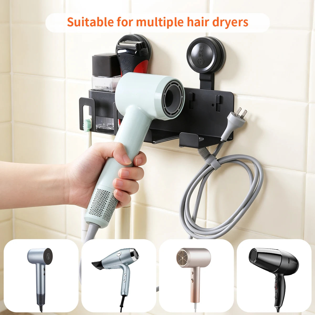 Wall-Mounted Suction Cup Hair Dryer Stand USA with Toothbrush Holder, No-Drill Bathroom Storage Rack & Organizer