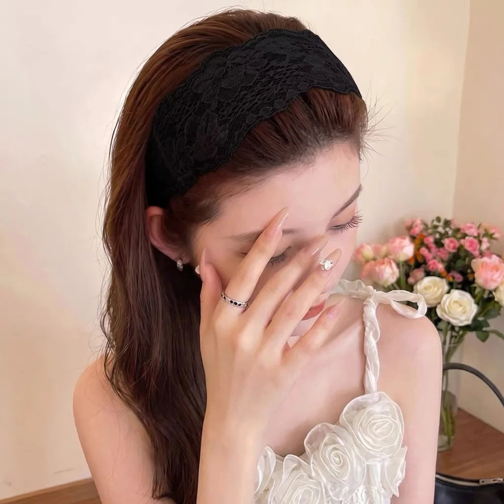 USA Sweet Wide Lace Hair Band Girls Hollow Lace Elastic Headwrap Hair Accessories Women Fashion Hollow Wide Headwear Hair Hoop
