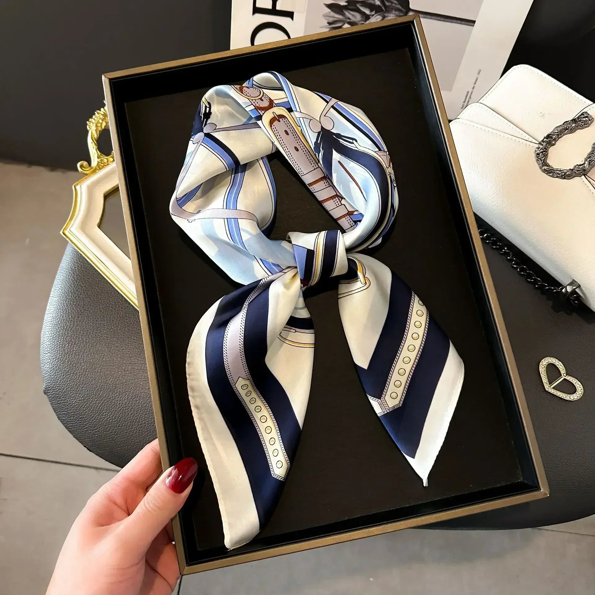 Luxury Design Print Silk Square Scarf Canada Women Soft Satin Horse Hairband Neckerchief Office Hijab Headband Foulard Bag Ribbon Gift