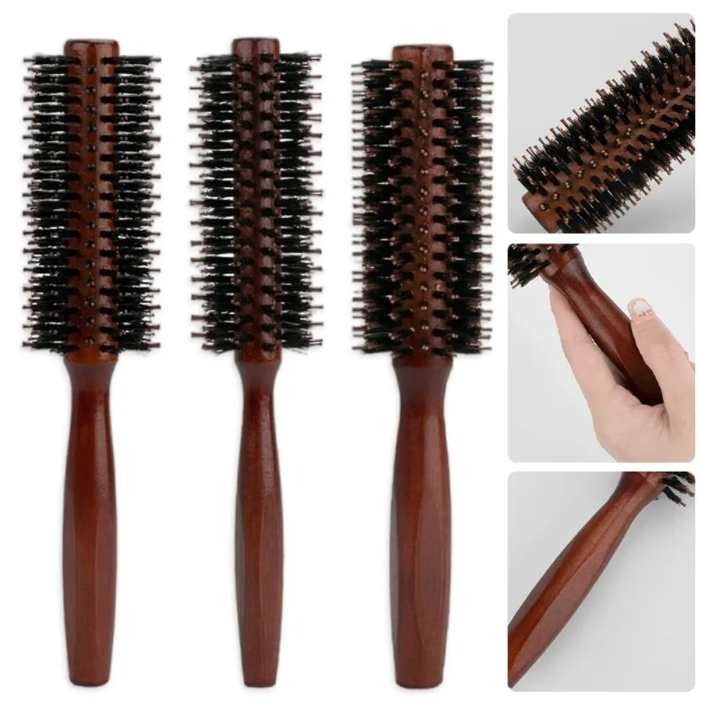 Boar Bristle Curly Hair Brush USA Women’s Wooden Anti-Static Roller Hairbrush for Barber, Salon Styling & Hairdressing Tools