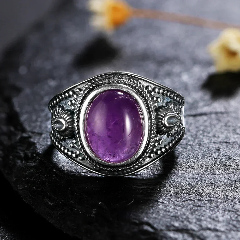 USA Sterling Silver 925 Vintage Rings Oval 8X10mm Rings Black Onyx Natural Fine Jewelry For Men Women Rhodochrosite Rings