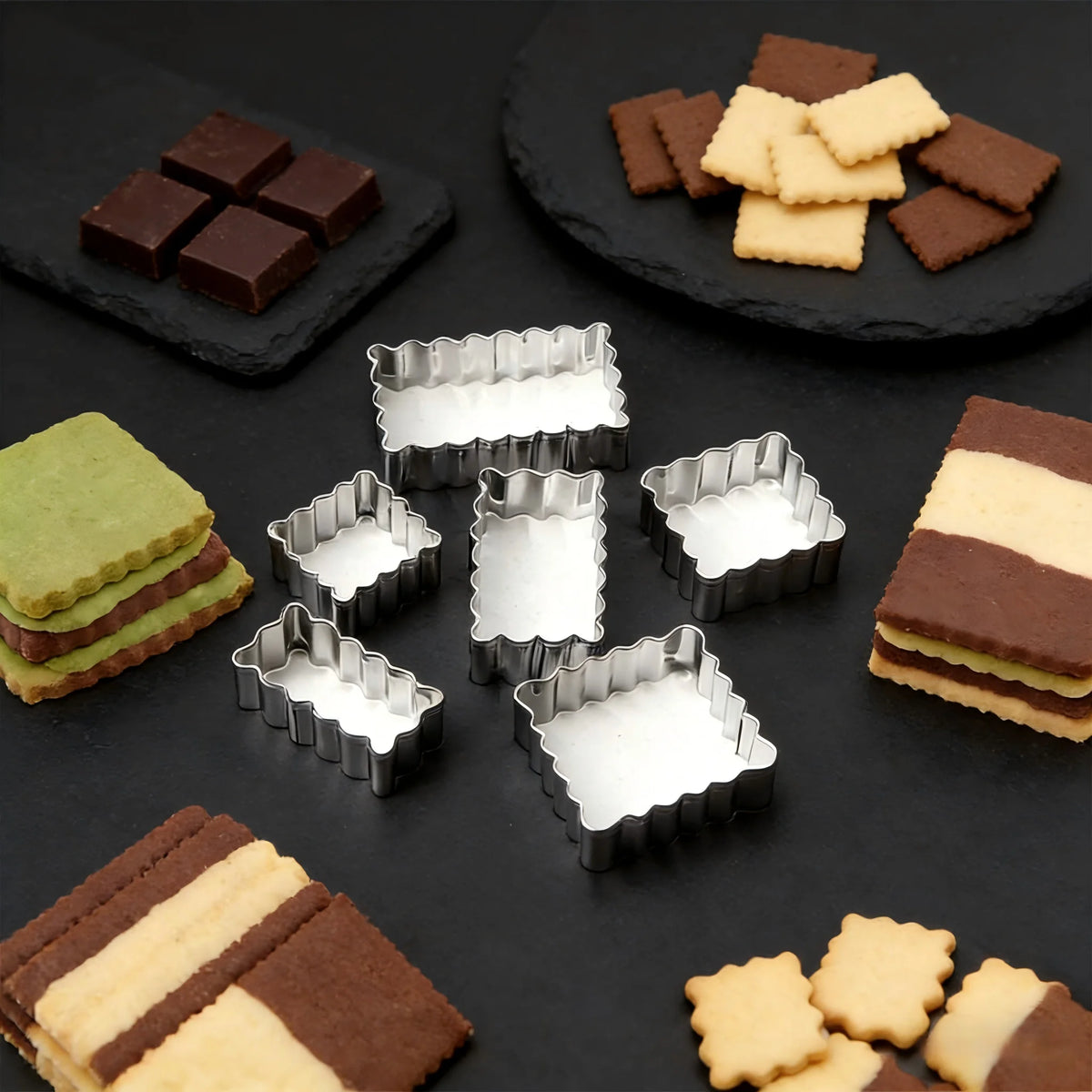 6PCS Cookie Cutter Set USA Food-Grade Stainless Steel Scalloped Square & Rectangle Shapes, Sandwich & Fondant Molds for Home Baking