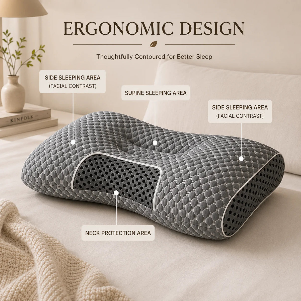 Ultra-Soft Ergonomic Neck Support Pillow USA Contour Cervical Pillow for Side, Back & Stomach Sleepers, Breathable Easy-Clean Fabric, Pressure Relief for Sleep