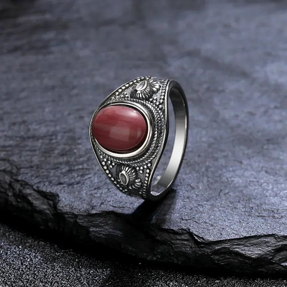 USA Sterling Silver 925 Vintage Rings Oval 8X10mm Rings Black Onyx Natural Fine Jewelry For Men Women Rhodochrosite Rings