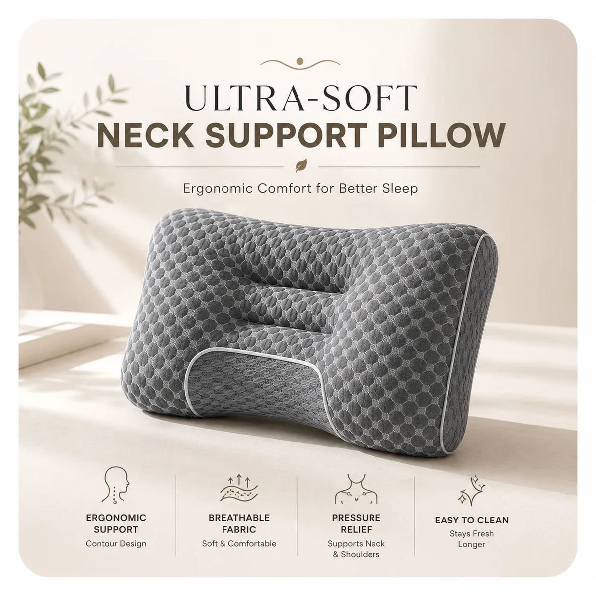 Ultra-Soft Ergonomic Neck Support Pillow USA Contour Cervical Pillow for Side, Back & Stomach Sleepers, Breathable Easy-Clean Fabric, Pressure Relief for Sleep
