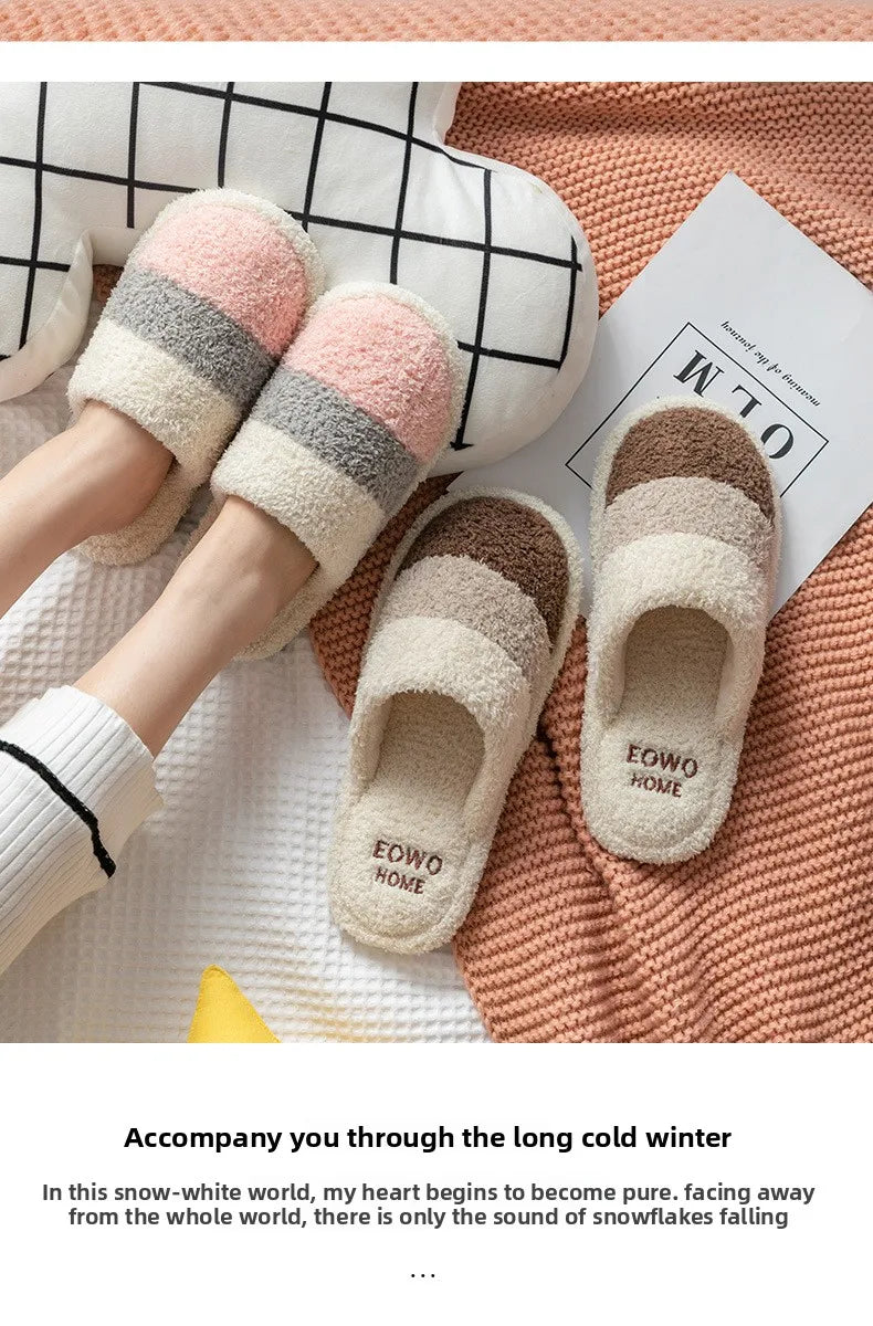 Non-Slip Plush House Slippers USA Women & Men Winter Couple Fuzzy Slippers, Thick-Sole Fleece-Lined Warm Indoor Booties