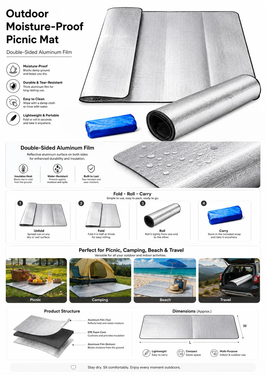Waterproof Picnic Mat Canada Double-Sided Aluminum Foil Moisture-Proof Camping Ground Sheet for Outdoor Travel