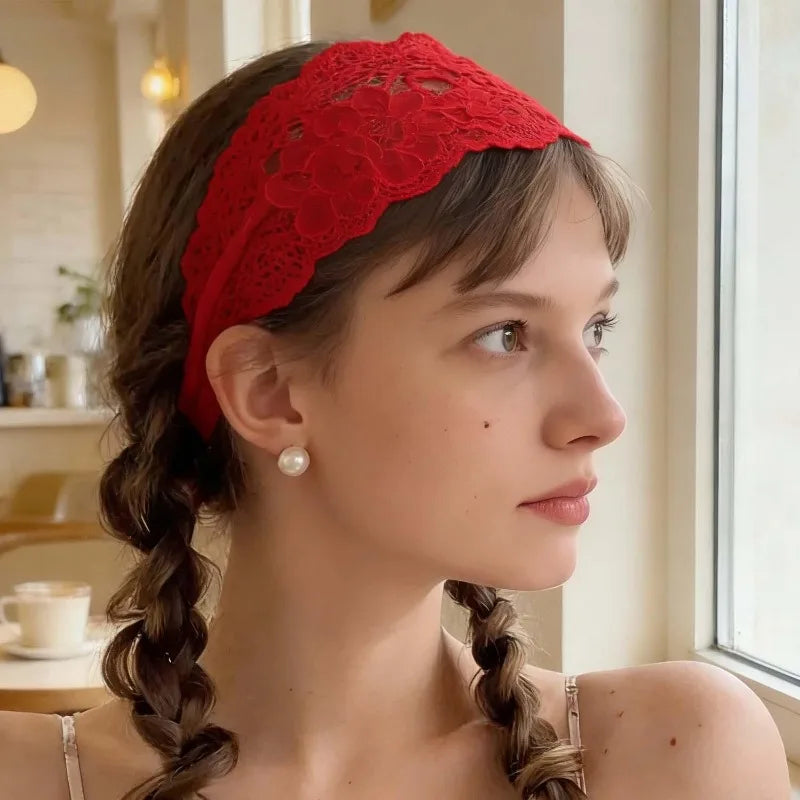 USA Sweet Wide Lace Hair Band Girls Hollow Lace Elastic Headwrap Hair Accessories Women Fashion Hollow Wide Headwear Hair Hoop