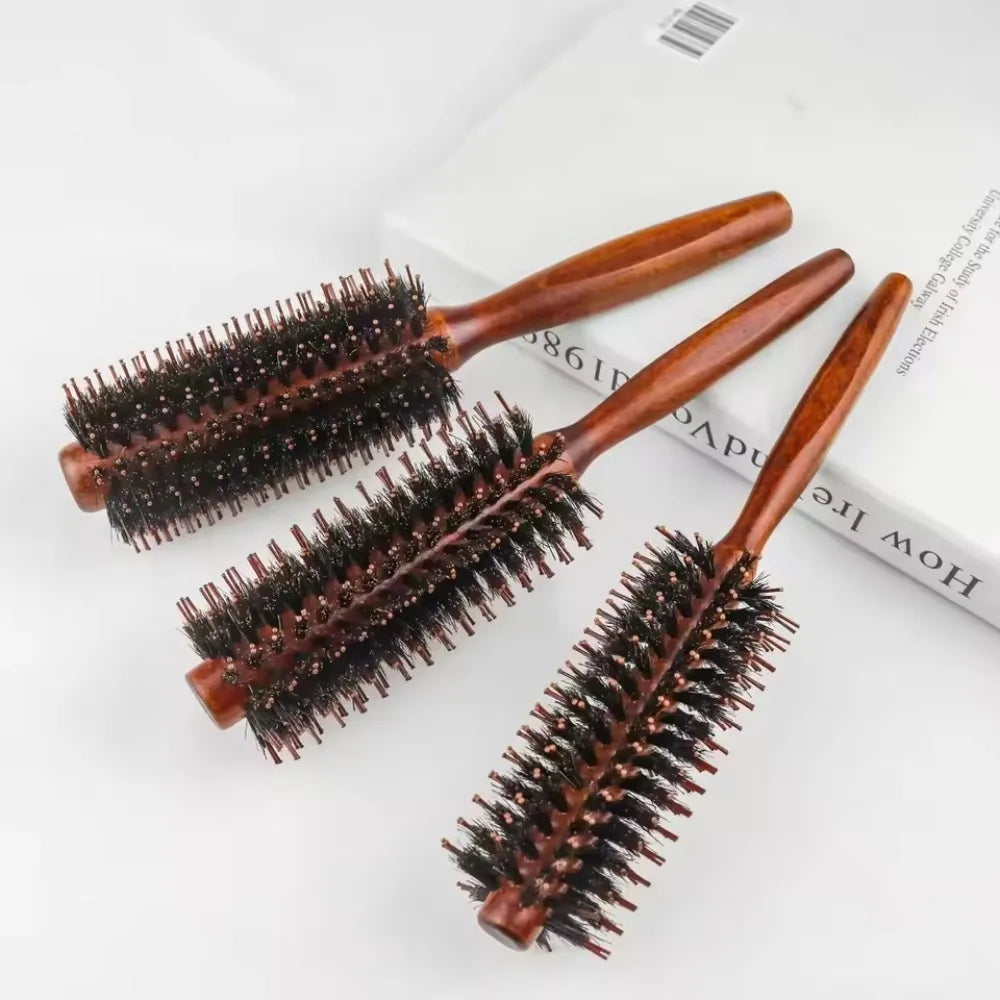 Boar Bristle Curly Hair Brush USA Women’s Wooden Anti-Static Roller Hairbrush for Barber, Salon Styling & Hairdressing Tools