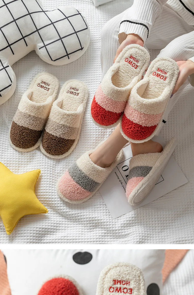 Non-Slip Plush House Slippers USA Women & Men Winter Couple Fuzzy Slippers, Thick-Sole Fleece-Lined Warm Indoor Booties