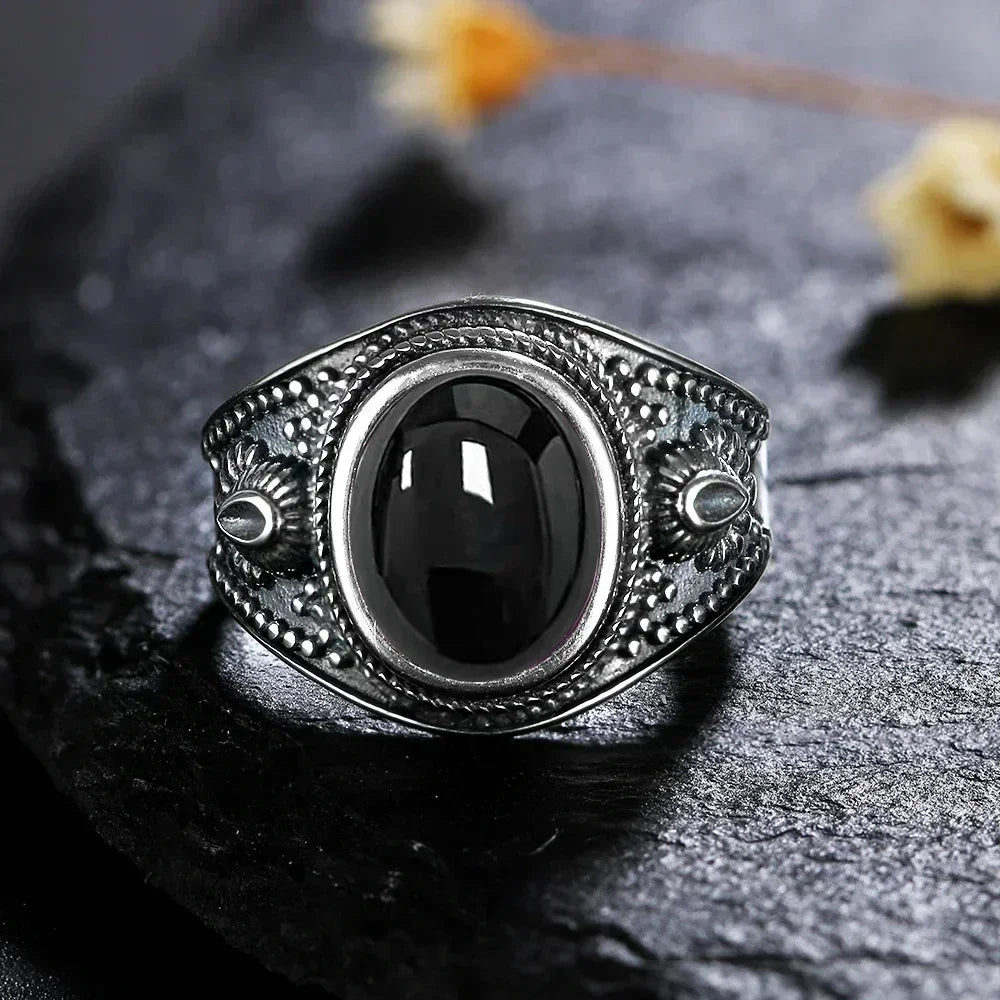 USA Sterling Silver 925 Vintage Rings Oval 8X10mm Rings Black Onyx Natural Fine Jewelry For Men Women Rhodochrosite Rings
