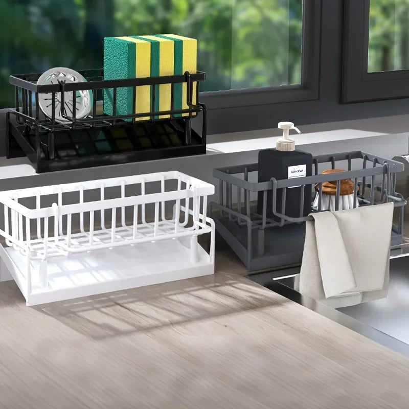 Drill-Free USA Sink Organizer Multi-Use Sponge Soap Holder Draining Rack for Kitchen Countertop Storage Waterproof Shelf 1PC
