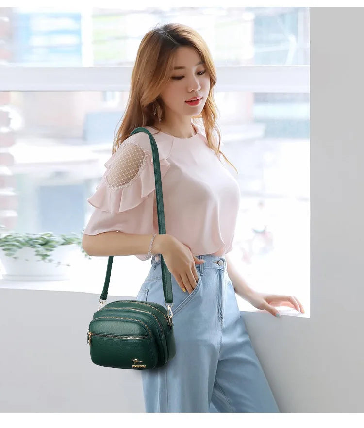 High-Quality Soft Leather Purse USA Fashion Women’s Shoulder Messenger Bag Multi-Pocket Wear-Resistant Luxury Ladies Handbag Sac