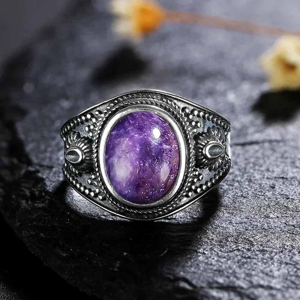 USA Sterling Silver 925 Vintage Rings Oval 8X10mm Rings Black Onyx Natural Fine Jewelry For Men Women Rhodochrosite Rings