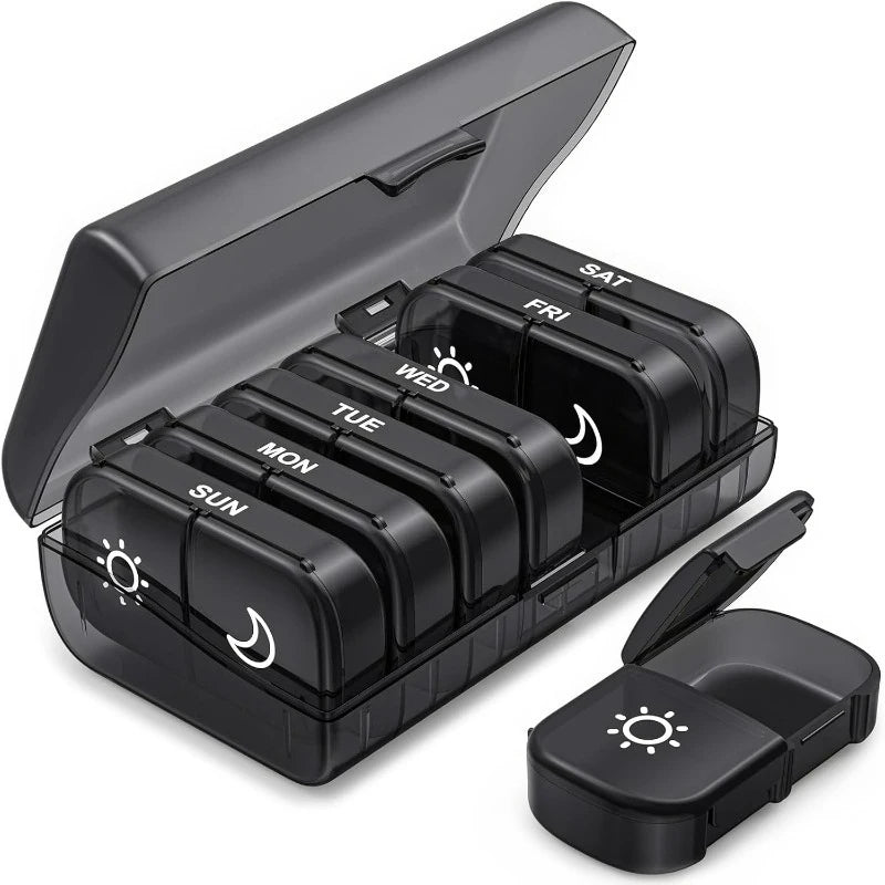 7-Day Pill Organizer USA 14/21 Compartment Detachable AM/PM Pill Box with Individual Compartments & Privacy Protection