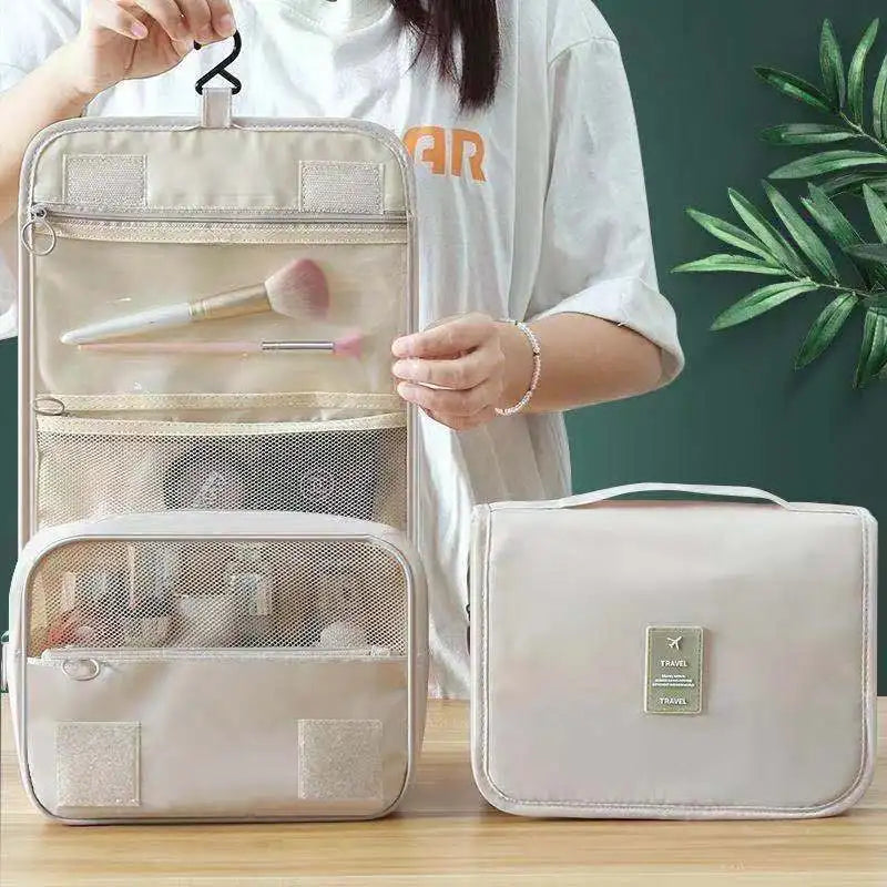 Hanging Toiletry Bag USA for Business Trips, Portable Large-Capacity Skincare & Makeup Bag with Dry-Wet Separation Folding Storage Design