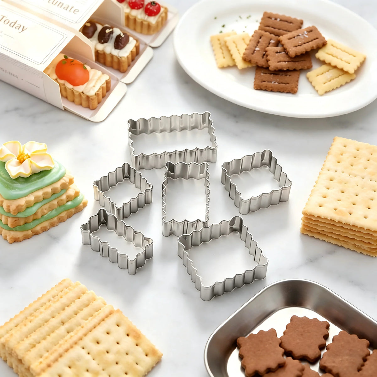 6PCS Cookie Cutter Set USA Food-Grade Stainless Steel Scalloped Square & Rectangle Shapes, Sandwich & Fondant Molds for Home Baking