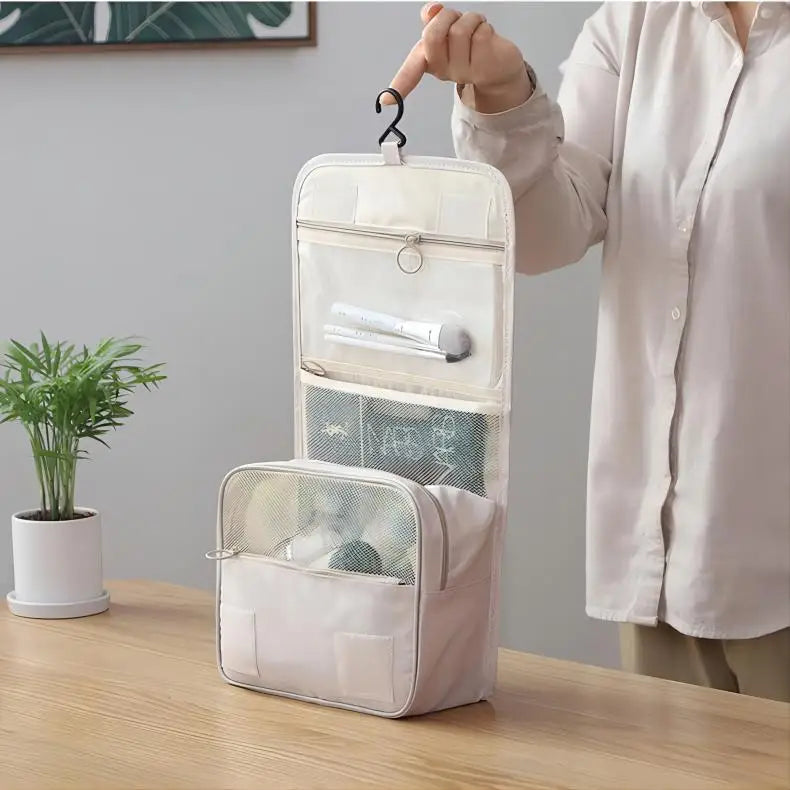 Hanging Toiletry Bag USA for Business Trips, Portable Large-Capacity Skincare & Makeup Bag with Dry-Wet Separation Folding Storage Design