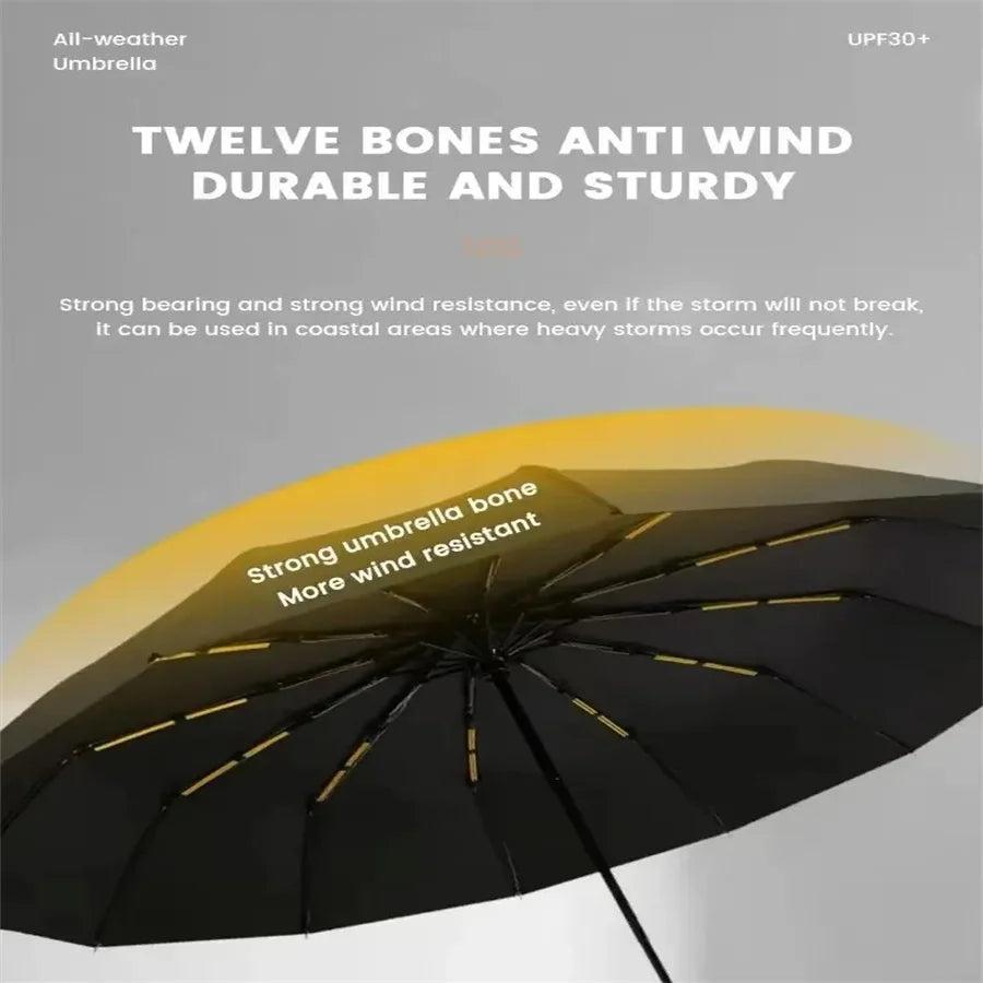 12 Bone Black Glue Fully Automatic Umbrella Canada Thick Durable Three-Fold Folding Umbrella UV Resistant