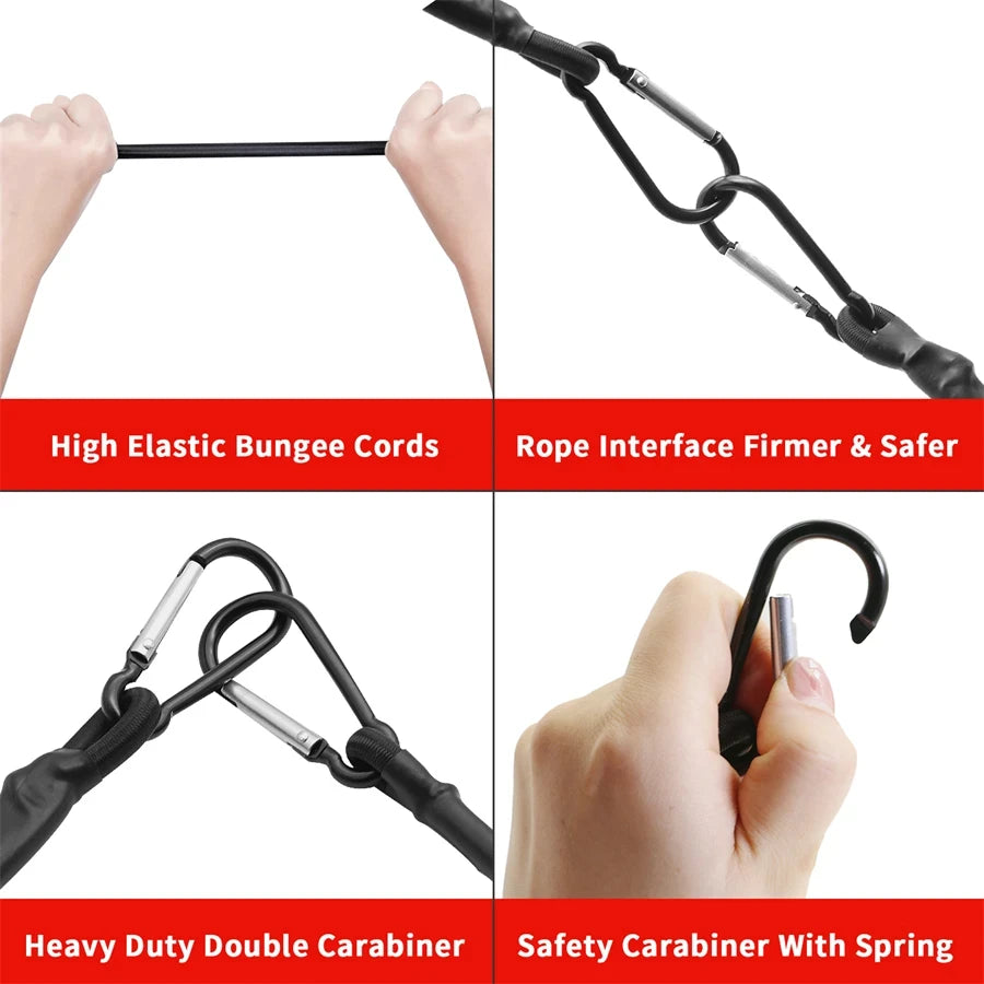 Thick USA Elastic Bungee Cords with Metal Carabiner Hooks, Stretch Ropes for Bike, Car Luggage & Roof Rack Ca