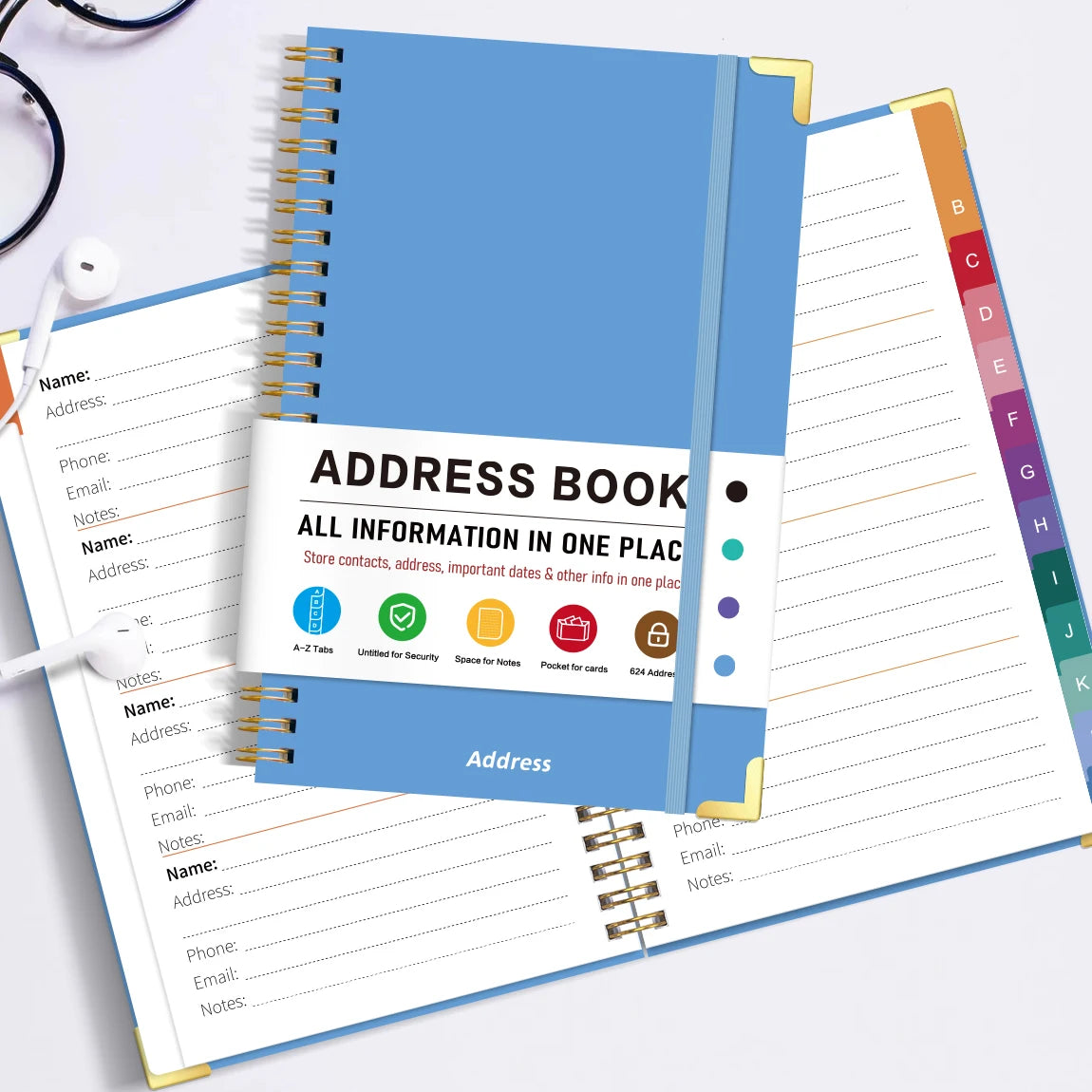 1PC Blue A5 Address Book USA Spiral Hardcover Contact Keeper with A-Z Tabs, Elastic Closure, Pocket & Notes Pages