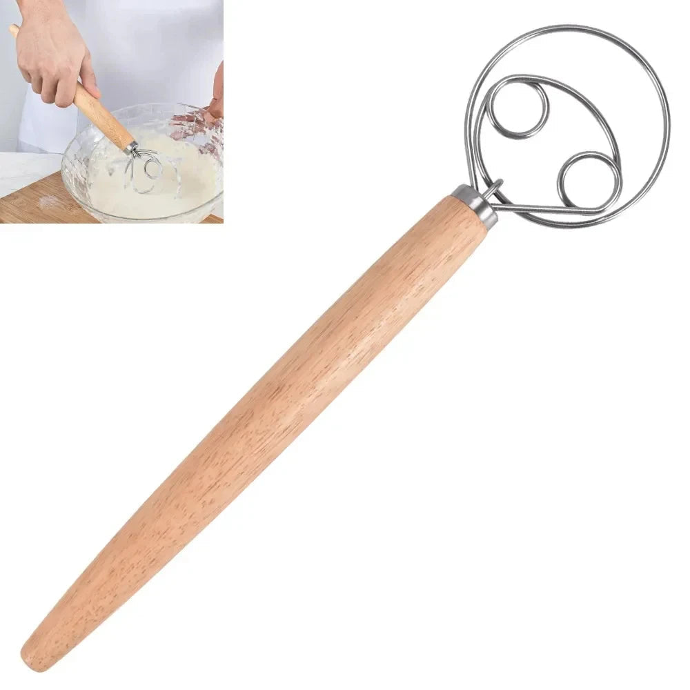 USA Cake Tools Danish Dough Whisk Stainless Steel Dutch Bread Dough Hand Mixer Wooden Handle Kitchen Baking Tools Artisian Blender