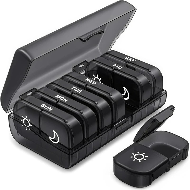7-Day Pill Organizer USA 14/21 Compartment Detachable AM/PM Pill Box with Individual Compartments & Privacy Protection