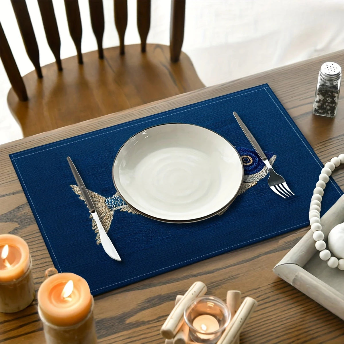 Modern Art Placemats USA 2D Flat Fish Pattern Embroidery-Style Blue Linen Table Mats for Kitchen Table Decor
