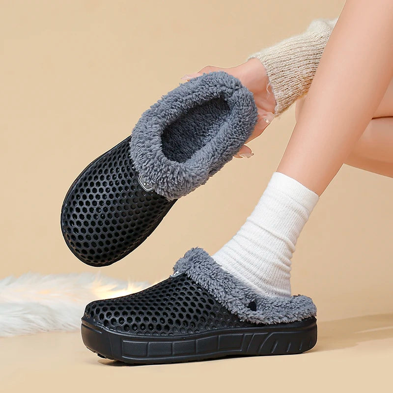 Winter Couple Fuzzy Slippers USA Women & Men Warm Fur-Lined Mule House Shoes for Indoor & Outdoor Use, Cozy Non-Slip Soft Slippers