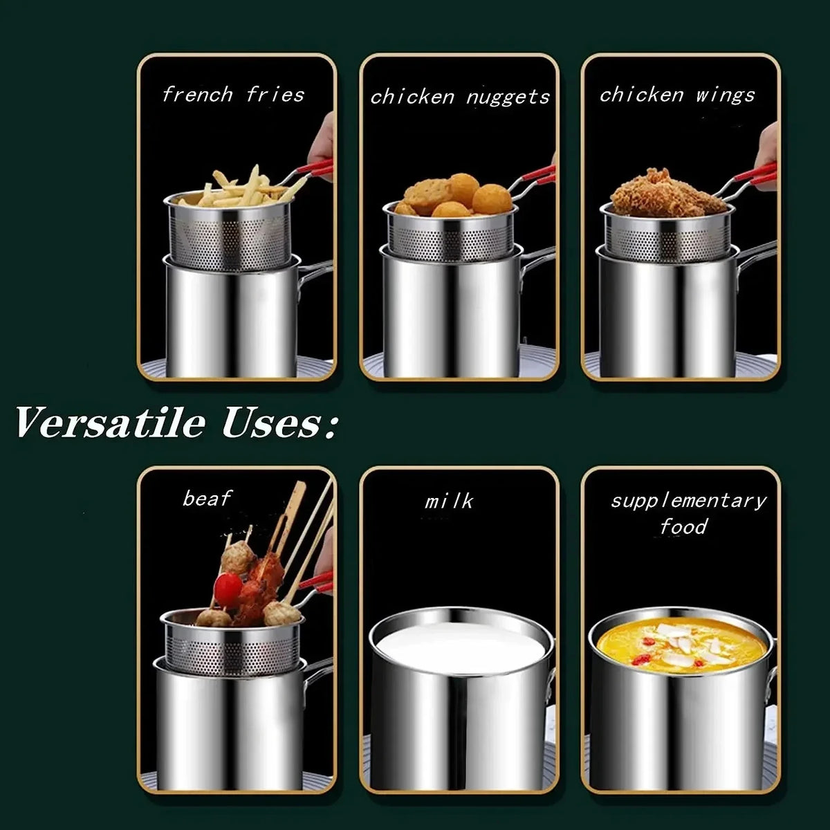 Stainless Steel Deep USA Fryer with Basket Cool Touch Handle Anti Slip Base for Home Commercial Tempura Chicken Frying
